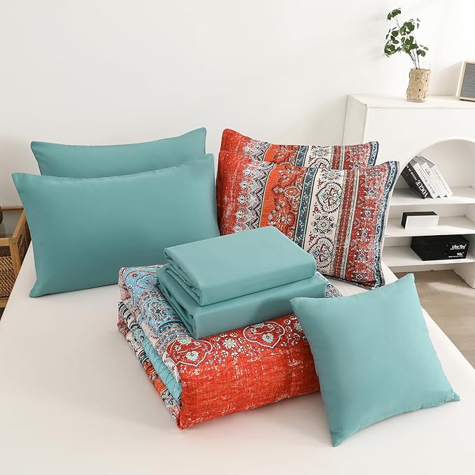 Cottolester Boho King Size Comforter Set 8 Pieces,Terracotta Comforter Bohemian Striped Bed in A Bag, Soft Microfiber Bedding Set for All Seasons