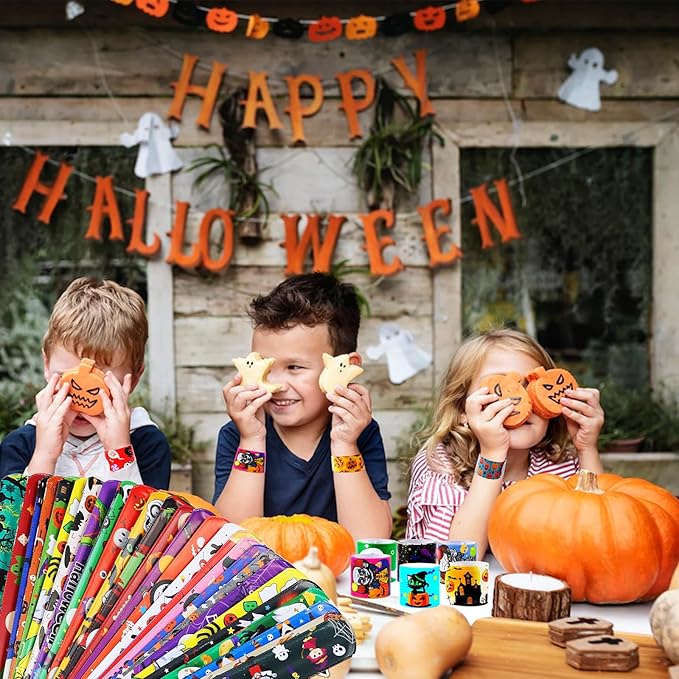 144 PCS Halloween Slap Bracelets Halloween Party Favors Supplies for Kids-108 Different Designs Bracelets Bulk for Halloween Decorations Halloween Treat Toys Bag Stuffers Gift for Kids Girls Boys