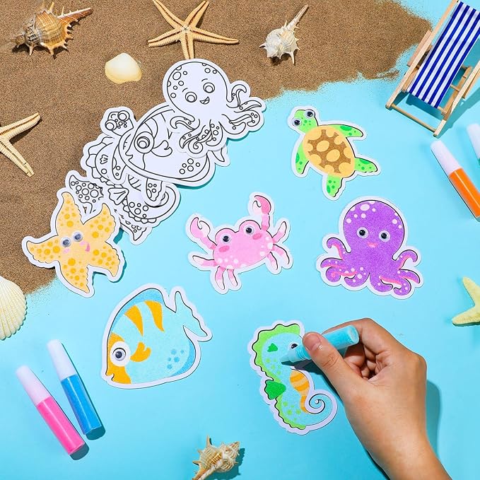 24 Sets Ocean Animal Sand Art Kits for Kids Magnet Craft DIY Summer Sea Animals Craft with Eyes Sand Art Painting Magnet Ornaments for Fun Home School Classroom Activities Party Favors
