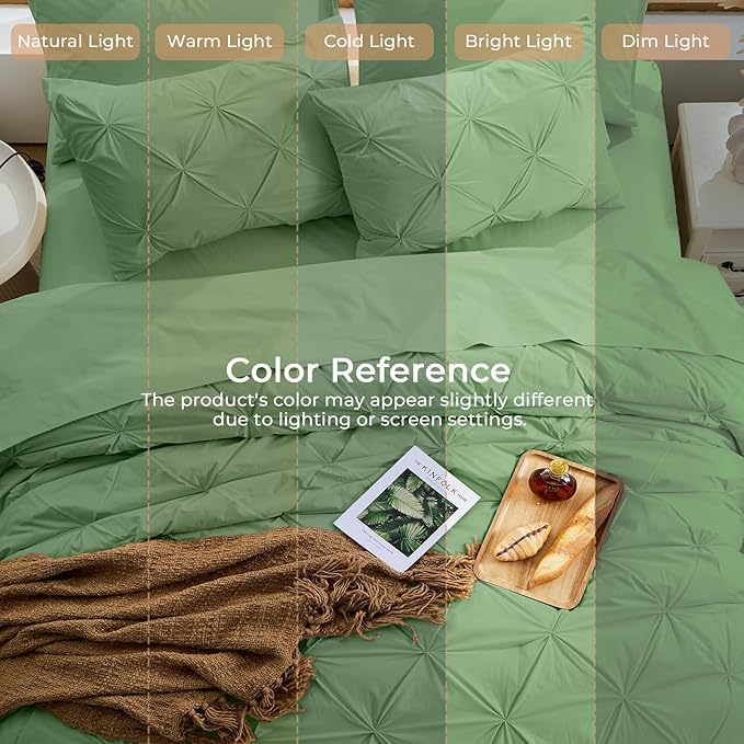 Sasttie Queen Comforter Set, 7-Piece Bed in a Bag, Pintuck Bedding Sets for All Season, Includes Comforter, Flat Sheet, Fitted Sheet, Pillowcases and Pillowshams, Green