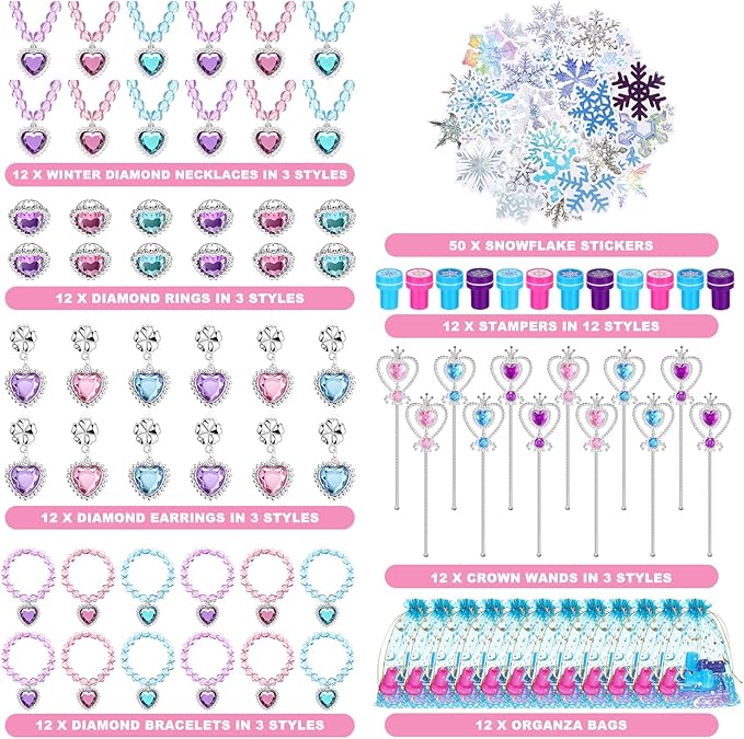 Faccito 134 Pieces Princess Party Favors Winter Birthday Party Supplies Snowflake Jewelry Gifts Set for Kids Include Diamond Necklaces Bracelets Rings Earrings Stickers Crown Wand Stampers Bags