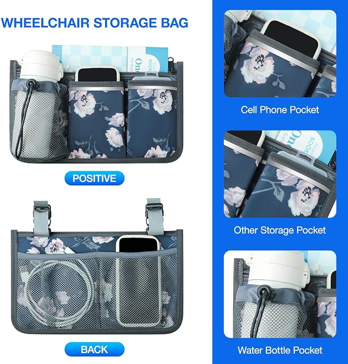 Wheelchair Bag, Walker Bag, Wheelchair Side Bag, Armrest Organizer Pouch with Cup Holder Attachment and Reflective Strip, Accessories for Most Wheelchairs, Walker, Rollators, Rosa
