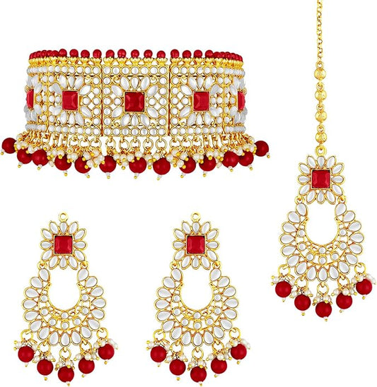 Aheli Bridal Kundan Faux Pearl Choker Necklace with Earrings Maang Tikka Gift for Women Indian Traditional Bollywood Fashion Jewelry Set
