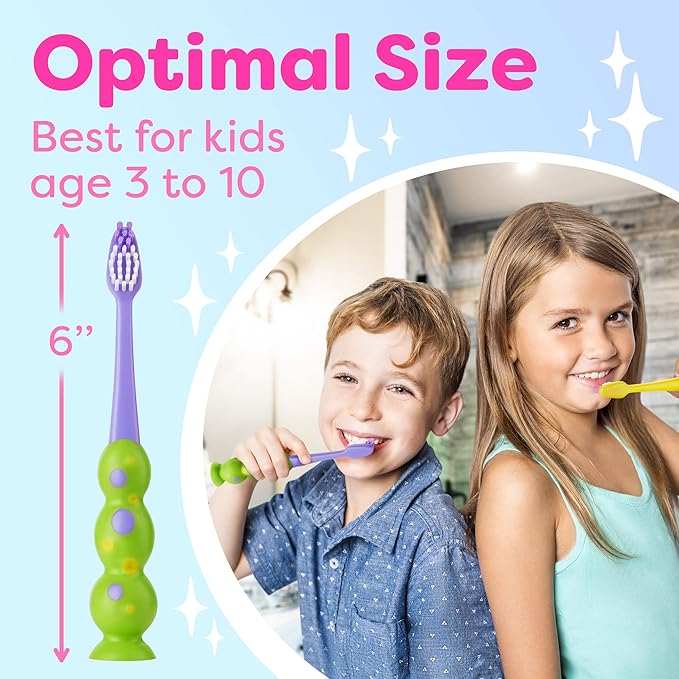 Kids Toothbrush 4 Pack - Soft Bristles with Suction Cup - Toothbrush Kids, Child Sized Brush Heads, 3-10 Year Old Kid Toothbrush with Easy Storage - Toddler, Girl and Boy Set (4-Pack, Multi-Color)
