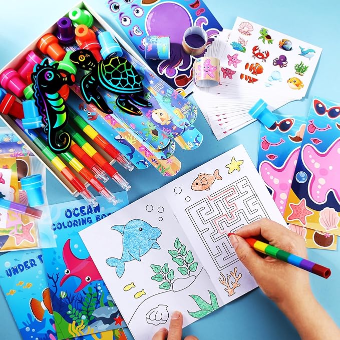 BenLouis 192Pcs Under the Sea Party Favors Ocean Animals Party Coloring Books Set Bulk for Kids Sea Fish Birthday Mermaid Party Goodie Bag Fillers School Classroom Gift Rewards Activity Supplies