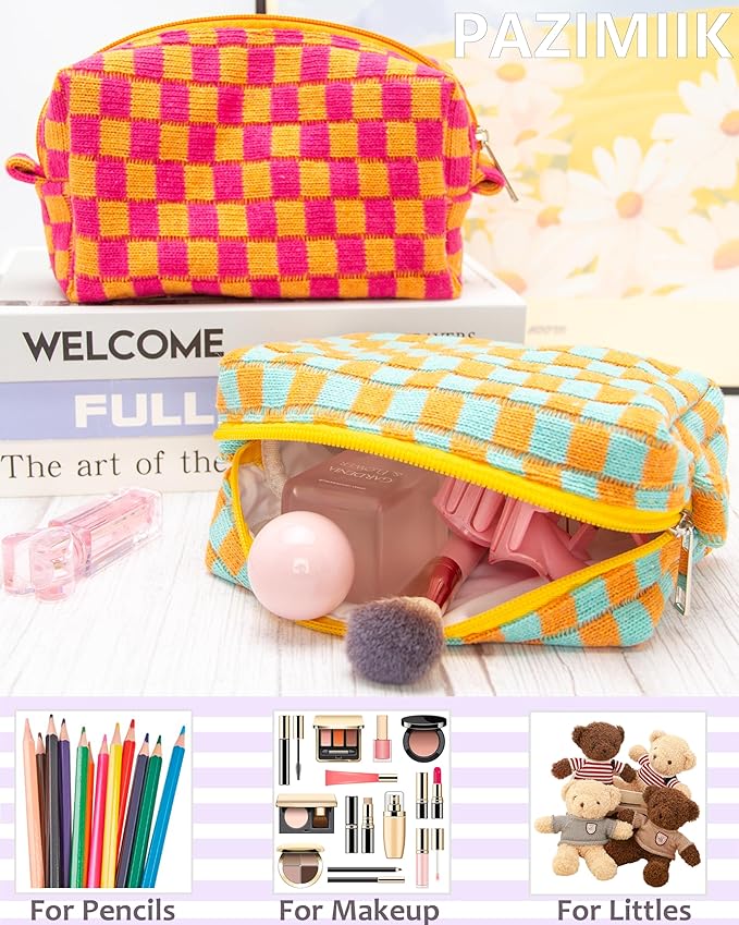 PAZIMIIK 6PCS Checkered Makeup Bag for Purse Portable Zipper Make Up Pouch Small Cosmetic Case for Travel Accessories Orange Green