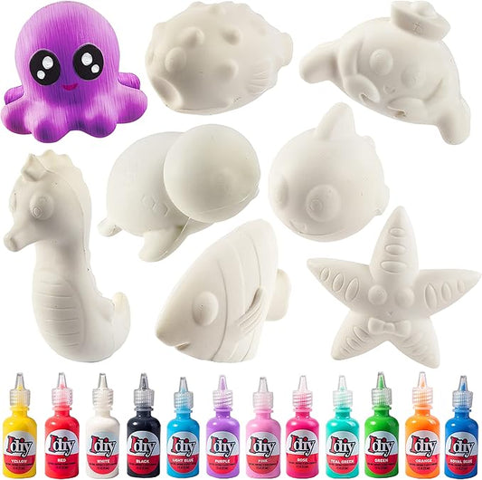 Idiy DIY Party Craft Kit Jumbo Ocean Pals Squishies (8 Unique Sea Animals w 12 Fabric Paints) -White Kawaii Scented Slow Rise Squishy Toys, Scented Stress Relief, Kids Birthday Activity Gift (4"-6")