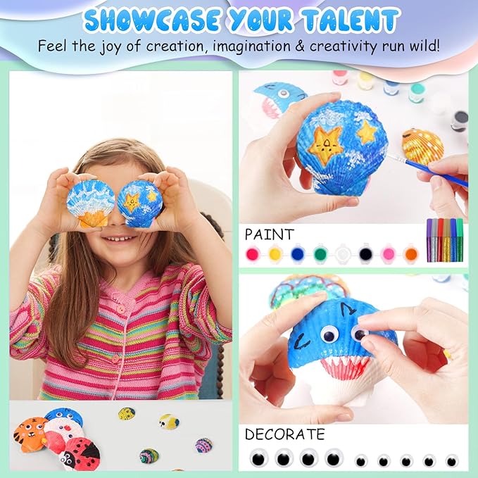 Kids Sea Shell Painting Kit, Arts & Crafts Gifts for Boys Girls, DIY Creative Activity Art Toys with Refrigerator Magnets, Kids Christmas Birthday Gifts Children Toys for Ages 5 6 7 8 9 10 Year Olds