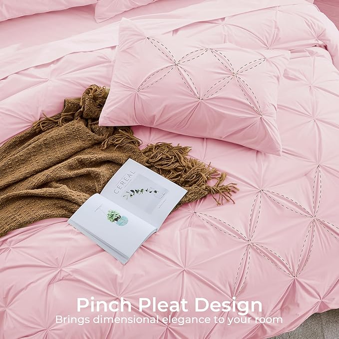 Sasttie Full Size Comforter Set, 7-Piece Bed in a Bag, Pintuck Bedding Set for All Season, Includes Comforter, Flat Sheet, Fitted Sheet, Pillowcases and Pillowshams, Baby Pink