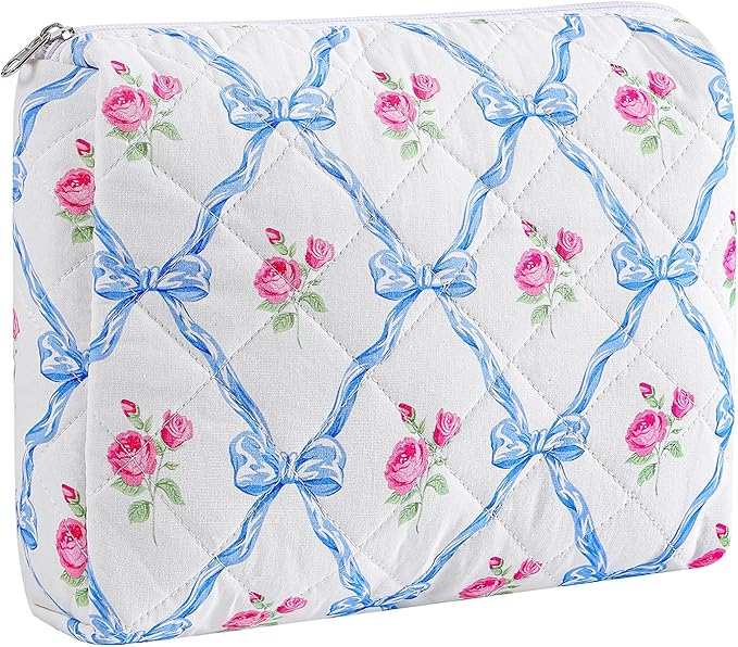 HHQQWZ Makeup Bag Travel Cosmetic Bag for Women Girls, Zipper Make Up Pouch, Floral Flowers Toiletry Organizer Makeup, Portable Storage Cosmetic Travel Cloth Bag (L/Blue Bowknot)