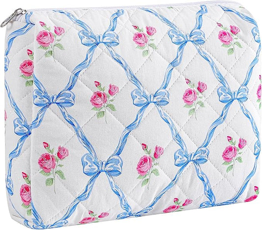 HHQQWZ Makeup Bag Travel Cosmetic Bag for Women Girls, Zipper Make Up Pouch, Floral Flowers Toiletry Organizer Makeup, Portable Storage Cosmetic Travel Cloth Bag (L/Blue Bowknot)