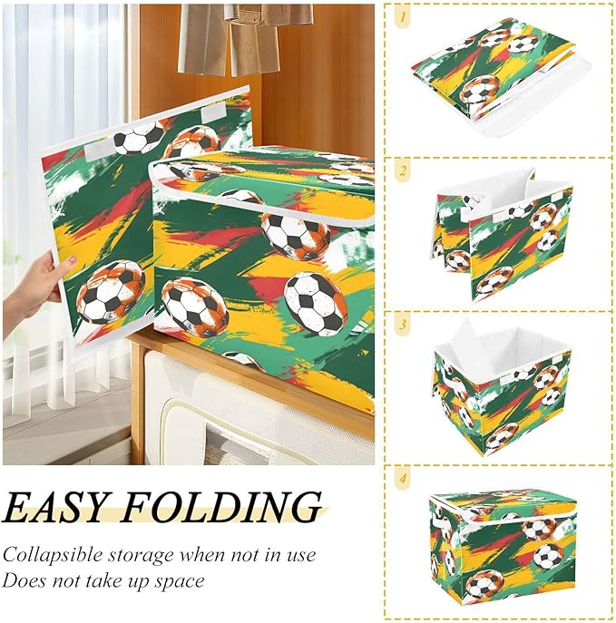 senya Large Storage Bins with Linen Collapsible Foldable Storage Cubes Fabric Closet Organizer Containers box with Flip-Top Lid for Home Bedroom Office 16.7 x 12.6 x 11.8in (Football)