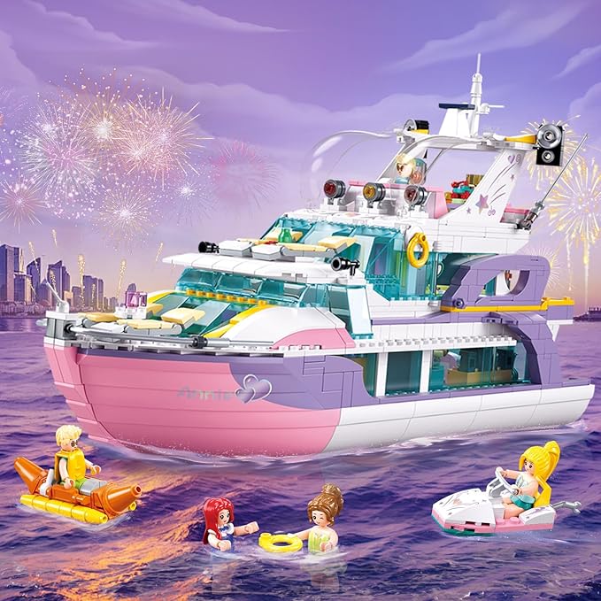 Friends Pink Yacht for Girls 8-12, Cruise Ship Building Toys with 8 Minifigures & 2 Boats, Compatible with Lego Friends Girls Ship, Gifts for Kids Girls Ages 8+, 1108 PCS