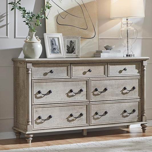 T4TREAM Farmhouse 7 Drawers Dresser Chests for Bedroom w/ 4 Column Solid Wood Feet, Tall Wide Wood Country Rustic Chest of Drawers, Storage Dressers for Bedroom, Living Room, Light Rustic Oak