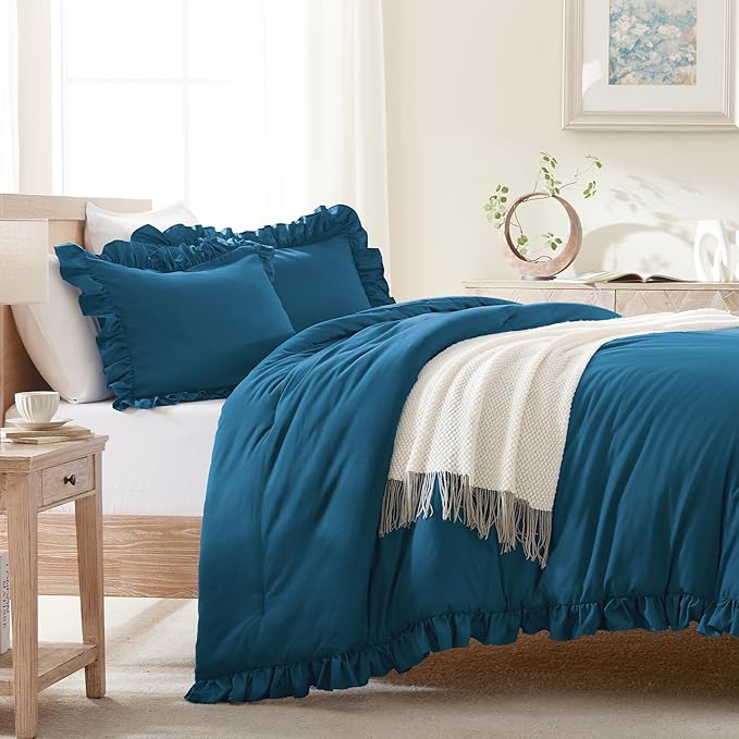 Andency Teal Ruffle Comforter Full (79x90Inch), 3 Pieces(1 Ruffled Comforter and 2 Pillowcases) Solid Farmhouse Shabby Chic Bed, Vintage Rustic Soft Microfiber Bedding Set
