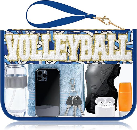 BuyCard Volleyball Gifts Makeup Bag with Chenille Letter Patch, Clear Cosmetic Pouch PVC Organizer Purse, Waterproof Travel Bag, Portable Toiletry Storage Bag for Her Friends