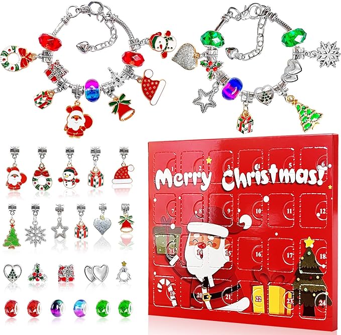 Christmas Advent Calendar 2024 Girls, 24 Days Xmas Countdown Calendar Jewelry Bracelet Set, DIY Charm Bracelet Making Kit Gift for Girls Kids Teens