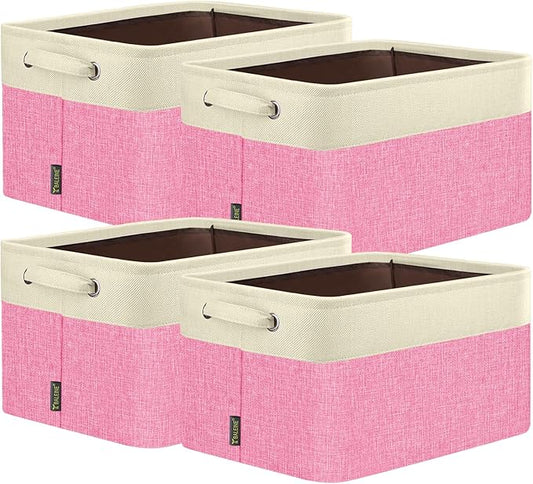 BALEINE 4 Pack Fabric Storage Bins for Shelves, Linen Storage Baskets for Organizing, Decorative Closet Bins for Clothes, Home (Pink, 15''x11''x9.5'')