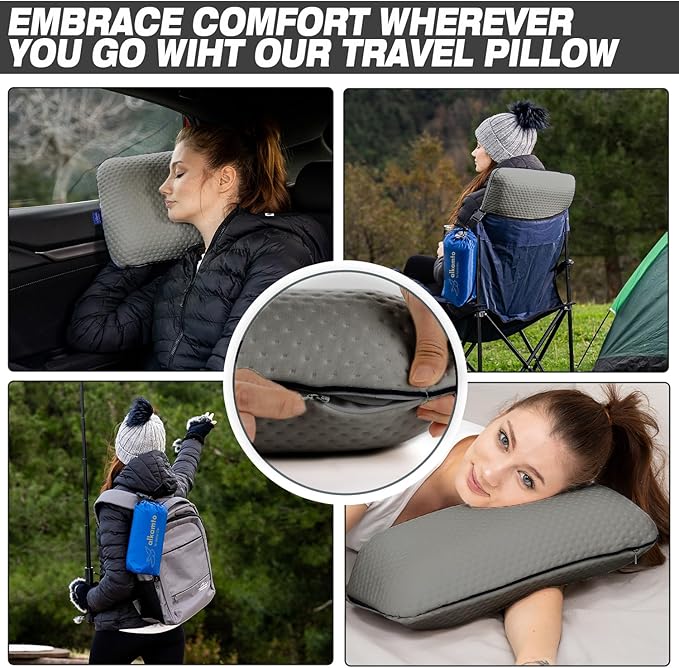 alkamto Travel & Camping Comfortable Memory Foam Pillow – Easy to Carry Portable Bag – Temperature Regulating Pillow Case (Grey)