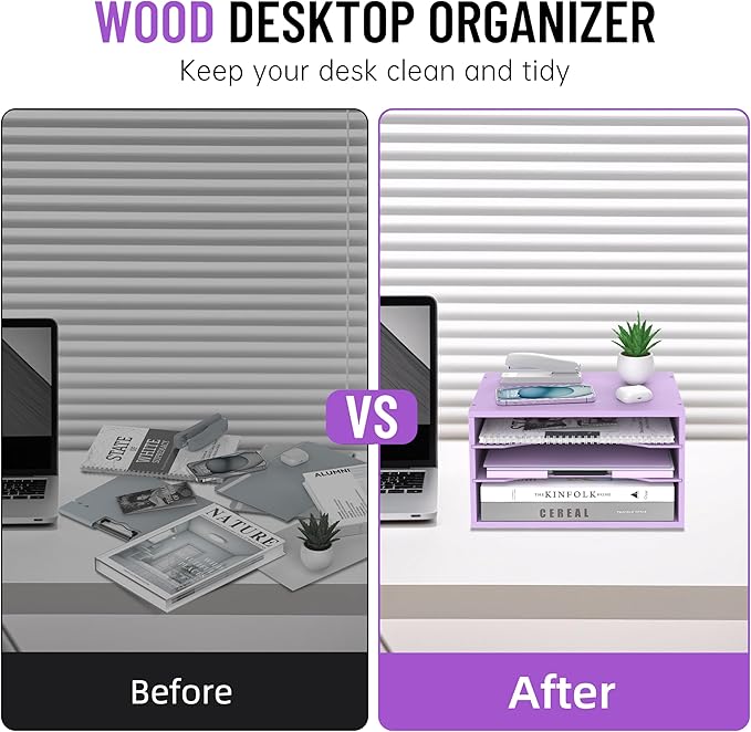 Wood Desk Organizer, 3 Tier Paper Tray Organizer for Desk with Adjustable Storage Shelves, Desktop File Organization Paper Sorter Mail Holder for Office Home Classroom, Purple