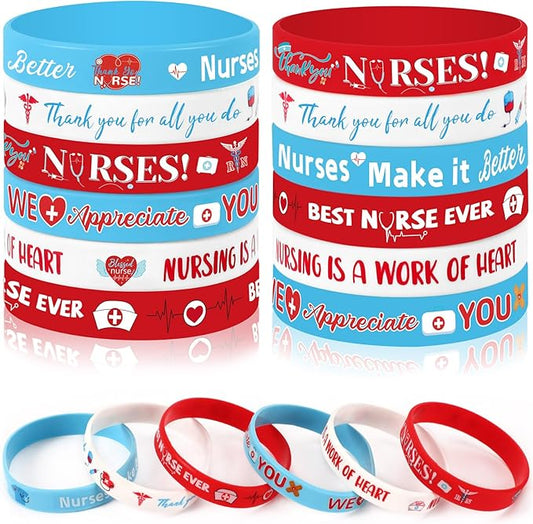 JUNEBRUSHS 24Pcs Nurse Inspirational Silicone Rubber Wristbands Bracelets for Nurse Appreciation Week Decorations Party Favors Supplies(6 Designs)