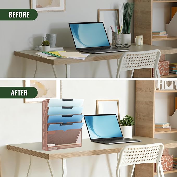 EASEPRES 6 Tier Mesh Hanging Wall File Organizer, Desk Vertical Mail Paper Document Folder Holder Rack with Bottom Tray and Nametag Label for Office Home School, Brown