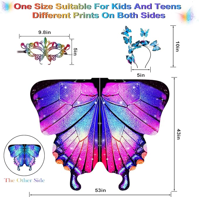 Butterfly Wings For Girls, Double-Sided Fairy Wings, Halloween Costumes for Kids, 3PCS Butterfly Cape Set.