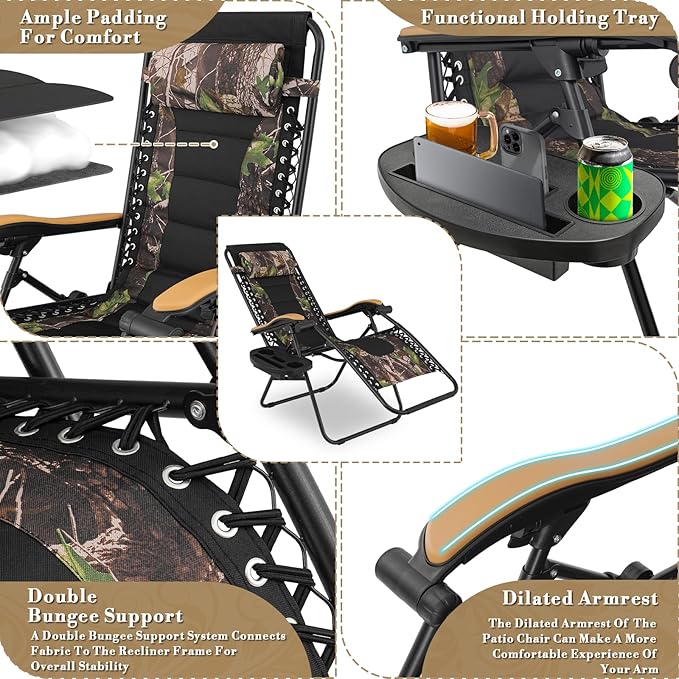 Athena Collection Zero Gravity Outdoor Lounge Chair Set of 2 with Cup Holder, 25" Width Pool Lounge Lawn Chairs Reclining, Outdoor Chaise for Beach Patio Backyard Outside, Jungle