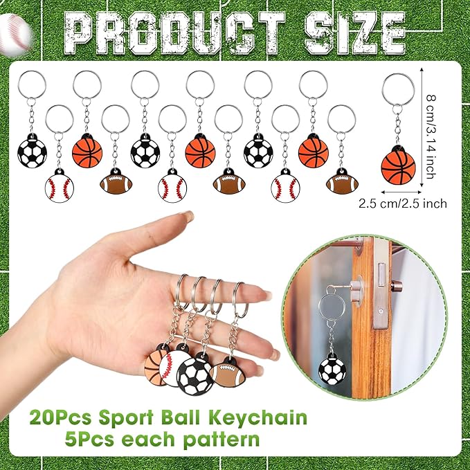 Libima 150 Pcs Sport Party Favors Set Include 20 Charm Bracelet 20 Keychains 20 Organza Goodie Bag 20 Sports Erasers 50 Stickers 20 Thanks for Coming Tags for Birthday Party Gift, 4 Styles