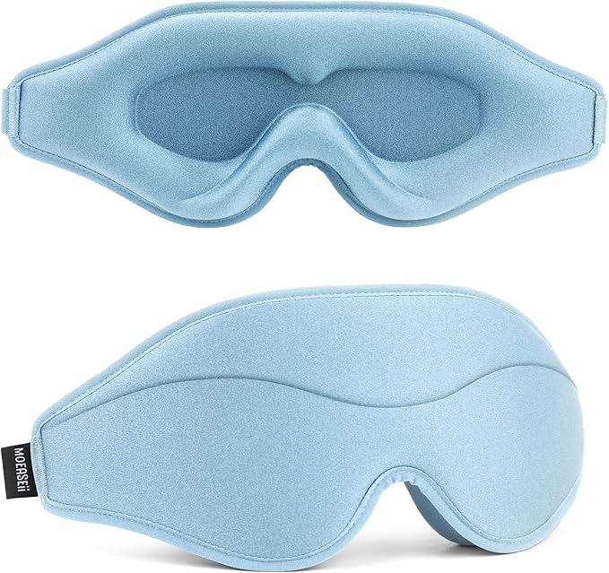 MOEASEii Sleep Mask - Total Blackout 3D Sleeping Mask, Super Lightweight & Silky Soft Eye Mask for Sleeping, Fully Adjustable Fit for Home, Office, Traveling, Meditation, Yoga, Light Blue