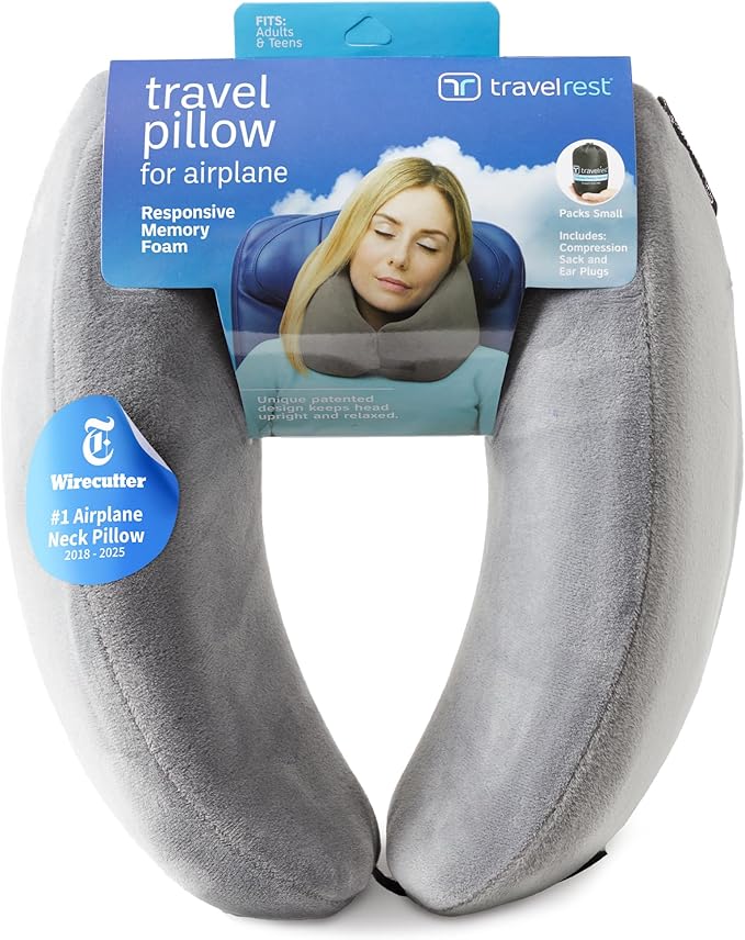 TRAVELREST Nest Neck Support Pillow - Travel Essentials, Memory Foam, Compact Travel Pillow for Long Flights, Plane Sleeping Accessories, Comfortable, Compact, Washable, Attaches to Luggage - Gray