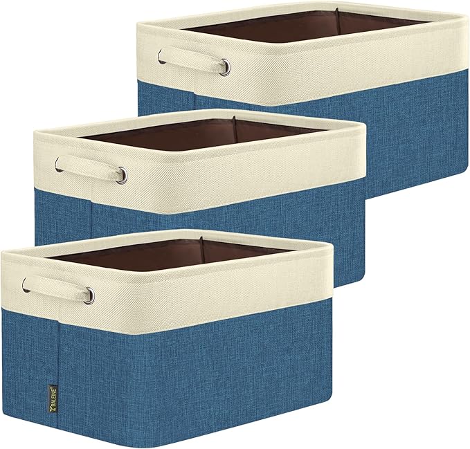 BALEINE 3 Pack Fabric Storage Bins for Shelves, Linen Storage Baskets for Organizing, Decorative Closet Bins for Clothes, Home (Navy Blue, 12"x8"x8")