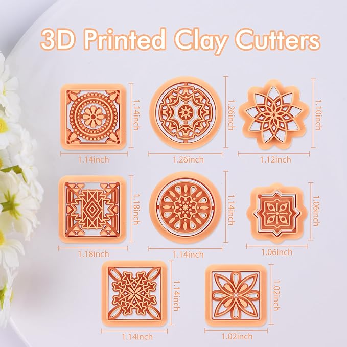 Puocaon Porcelain Tile Clay Cutters - 8 Pcs Terracotta Tiles Clay Cutters for Polymer Clay Earrings Making, Portuguese Tiles Pattern Clay Jewelry Cutters, Embossed Pattern Polymer Clay Cutters Set