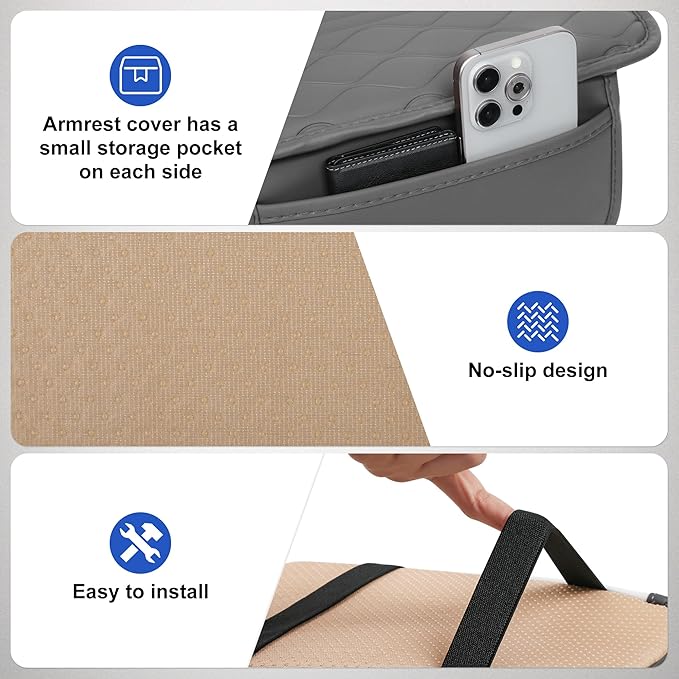 frani Car Center Console Cover,Leather Car Armrest Cover with 2 Storage Bags,Universal Car Arm Rest Cover,Car Interior Accessories Protector for Most Vehicle Gray