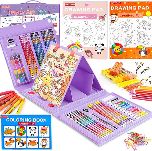 Soucolor Art Supplies, 283 Pieces Drawing Set Art Kits with Trifold Art Easel, 2 Drawing Pads, 1 Coloring Book, Crayons, Pastels, Arts and Crafts Gifts Case (Purple)