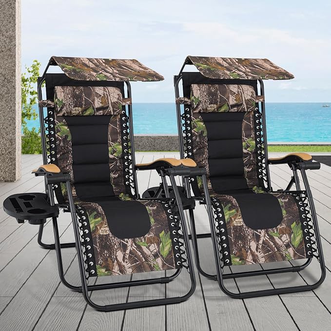 Athena Collection Zero Gravity Outdoor Lounge Chair Set of 2 with Canopy Shade, 29" Width Pool Lounge Lawn Chairs Reclining with Cup Holder, Outdoor Chaise for Beach Patio Outside, Jungle
