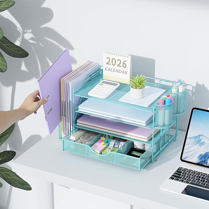 gianotter Desk Organizers and Accessories with File Holder, 4-Tier Desk Accessories & Workspace Organizers with Drawer and 2 Pen Holder, Paper Organizer for Office Supplies (Blue)