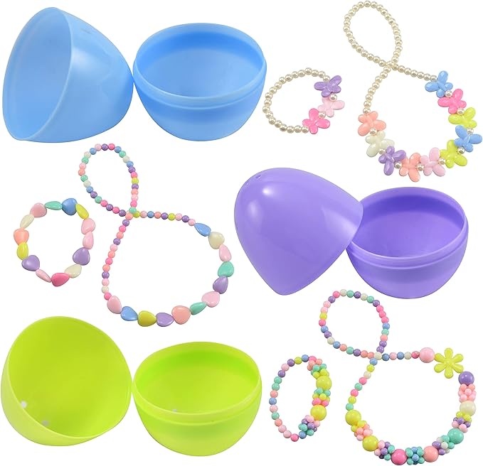 JOYIN 12 Pack Prefilled Easter Eggs with Jewelry Toys, Different Designs of Necklaces and Bracelets Girls Jewelry Set for Kids Easter Party Favor, Basket Stuffer, Classroom Exchange and Prize Supplies
