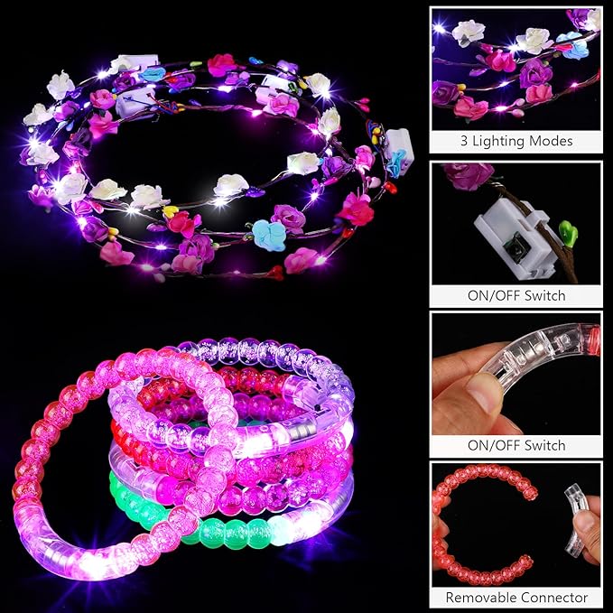 ADXCO 60 Pieces Glow in the Dark Party Supplies Neon Party Favor LED Light Up Party Favors with Flashing Glasses Flower Headband Crown Bracelets Rabbit Cat Ear Headband for Neon Party