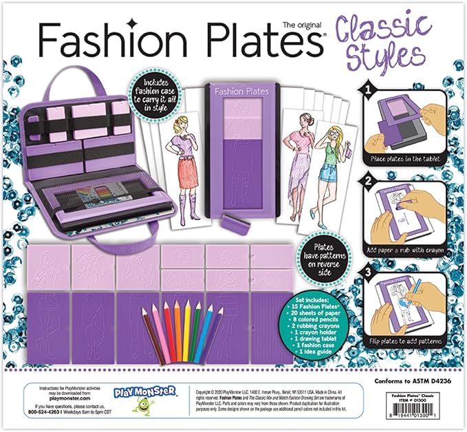 Fashion Plates Classic – Girls Fashion, Mix-and-Match Drawing Kit, Arts and Crafts, Coloring, Art Supplies, Craft Supplies, Stencils, Crayons Included, Create Your Own Fashion Designs, Ages 6+