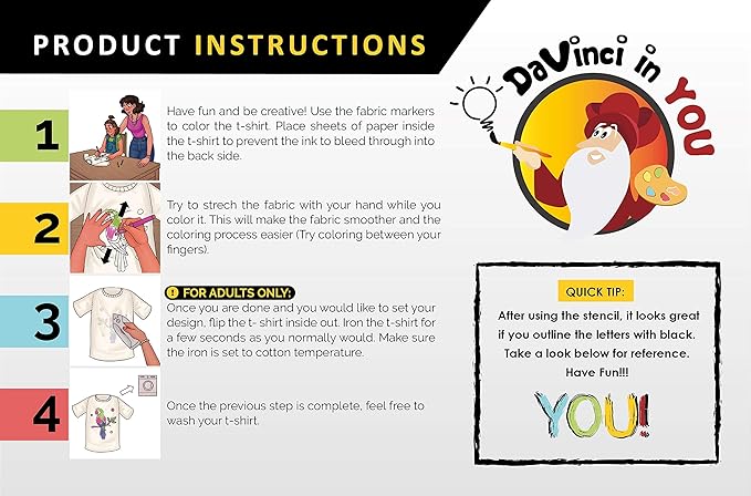 Coloring Shirt for Girls - Kit with 10 Fabric Markers and Alphabet Stencil (Birthday Unicorn, 8/9)