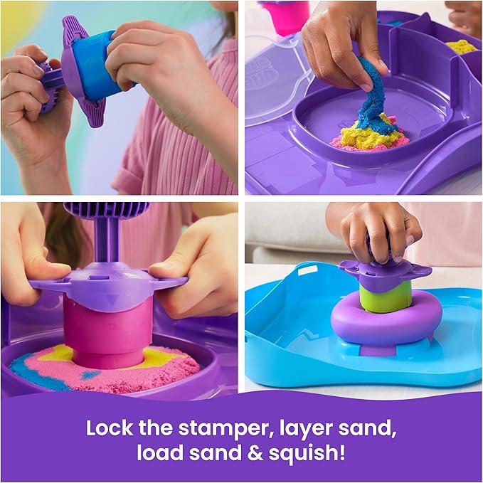 Kinetic Sand, SquishMotion with 1lb Pink, Yellow & Blue Play Sand, Stamper & 5 Tools, Storage Case, Sensory Toys for Kids Ages 5 and up
