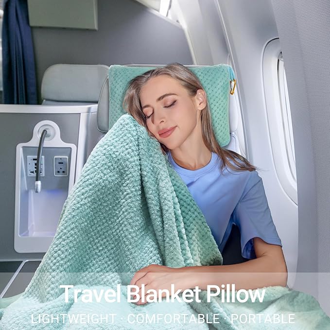 CLEXION Travel Blanket Pillow-Premium Soft 2 in 1 Airplane Blanket for Long Trips Essentials with Bag Pillowcase, Hand Luggage Sleeve and Backpack Clip (Mint Green)
