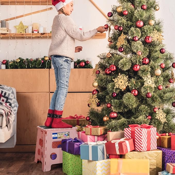 ACKO Folding Step Stool 13 Inch Stool Heavy Duty Plastic Foldable Step Stools for Kids, Stepping Stool with Handle, Folding Stool Suitable for Kitchen Hold Up to 300 LB (Sakura Pink 1PC)