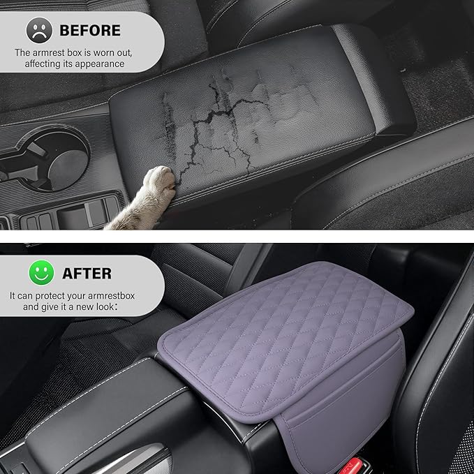 Amiss Car Center Console Cover, Upgraded Leather Car Armrest Cushion with 2 Storage Pockets, Universal Waterproof Cushion Pad, Non-Slip Car Interior Accessories, Fits Most Sedans SUVs Trucks (Purple)