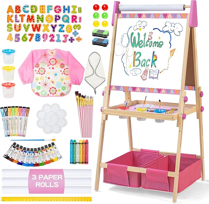 3-in-1 Adjustable Kids Art Easel with Magnetic Whiteboard, Chalkboard & 3 Paper Rolls, All-in-One Double Sided Wooden Painting Easel with Accessories for Toddlers and Kids Ages 3+