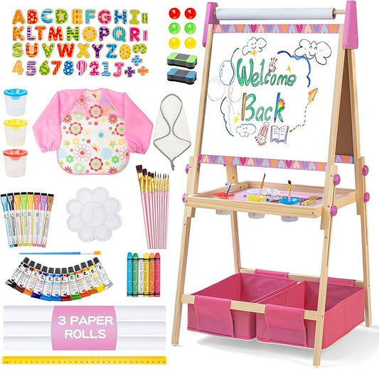 3-in-1 Adjustable Kids Art Easel with Magnetic Whiteboard, Chalkboard & 3 Paper Rolls, All-in-One Double Sided Wooden Painting Easel with Accessories for Toddlers and Kids Ages 3+