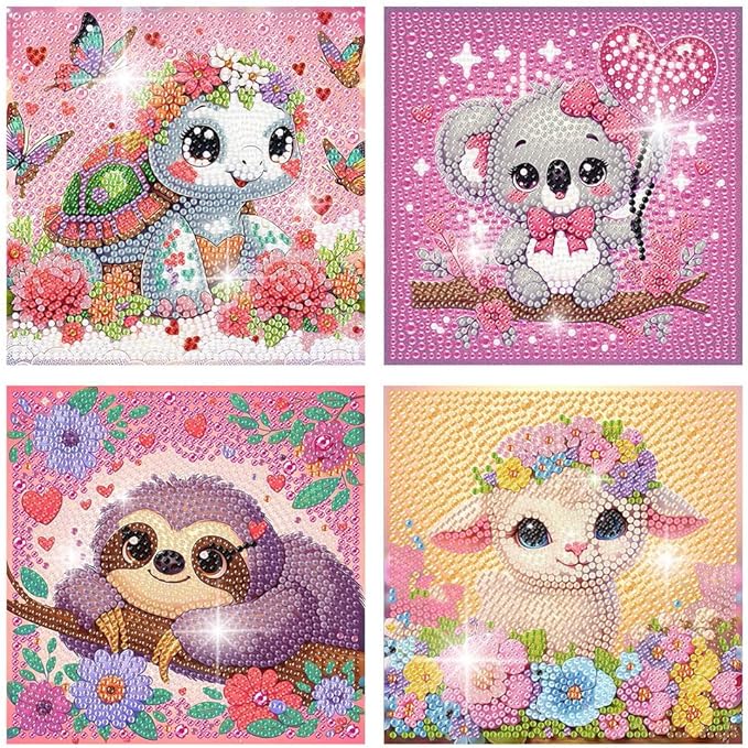 FQOVKYN 4Pcs 5D Cute Animals Diamond Art Kits for Kids, DIY Diamond Art Painting Mosaic Kits for Adults Beginner, Full Drill Small Diamond Gem Art and Craft for Kids Age 8-12 (15 * 15cm)