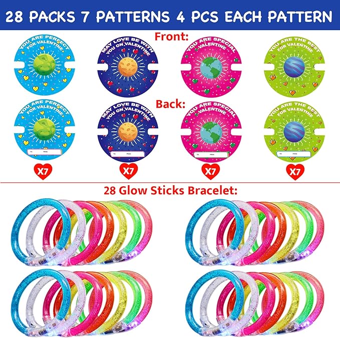 28 Pack Valentines Day Gifts for Kids，Valentine Glow Sticks Bracelet with Valentine's Day Gift Cards for Valentine Light Up Toy Valentines Day Gifts for kids School Classroom Party Favors Supplies