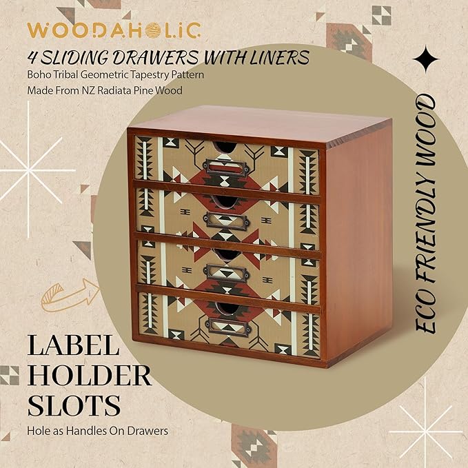 Boho Navajo Wooden Desk Organizer with Drawers – 4-Drawer Desktop Storage Box – Rustic Tribal Wood Desk Organizer for Office, Vanity, or Craft Supplies – Compact & Stylish Wooden Storage Drawers